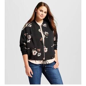 Who What Wear Black Floral Zip Front Drawstring Bomber Jacket Size Large